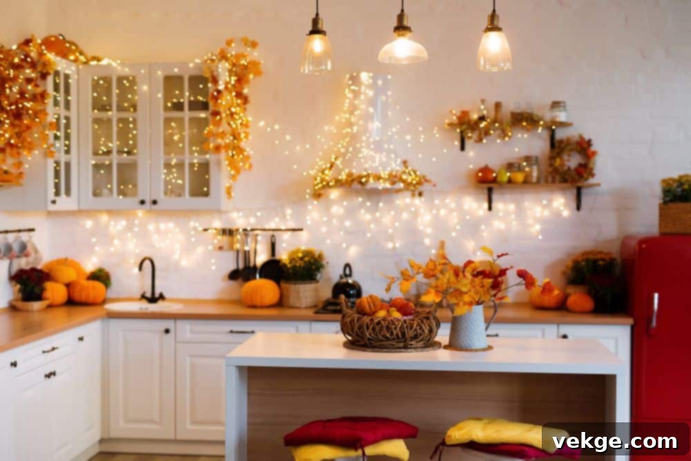 Fall kitchen decor with pumpkins, greenery, and wooden elements