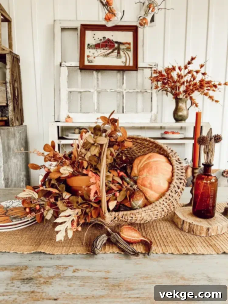 Rustic basket decorating ideas for fall centerpiece with pumpkins and gourds