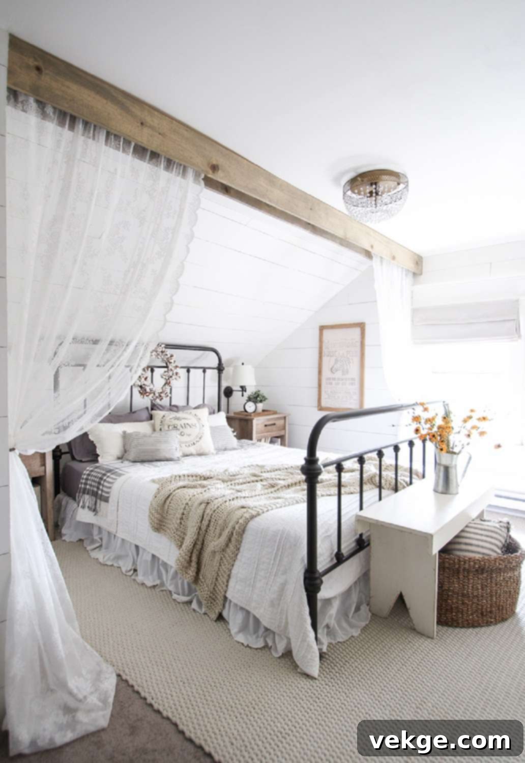 Farmhouse bedroom with plaid bedding and autumn accents