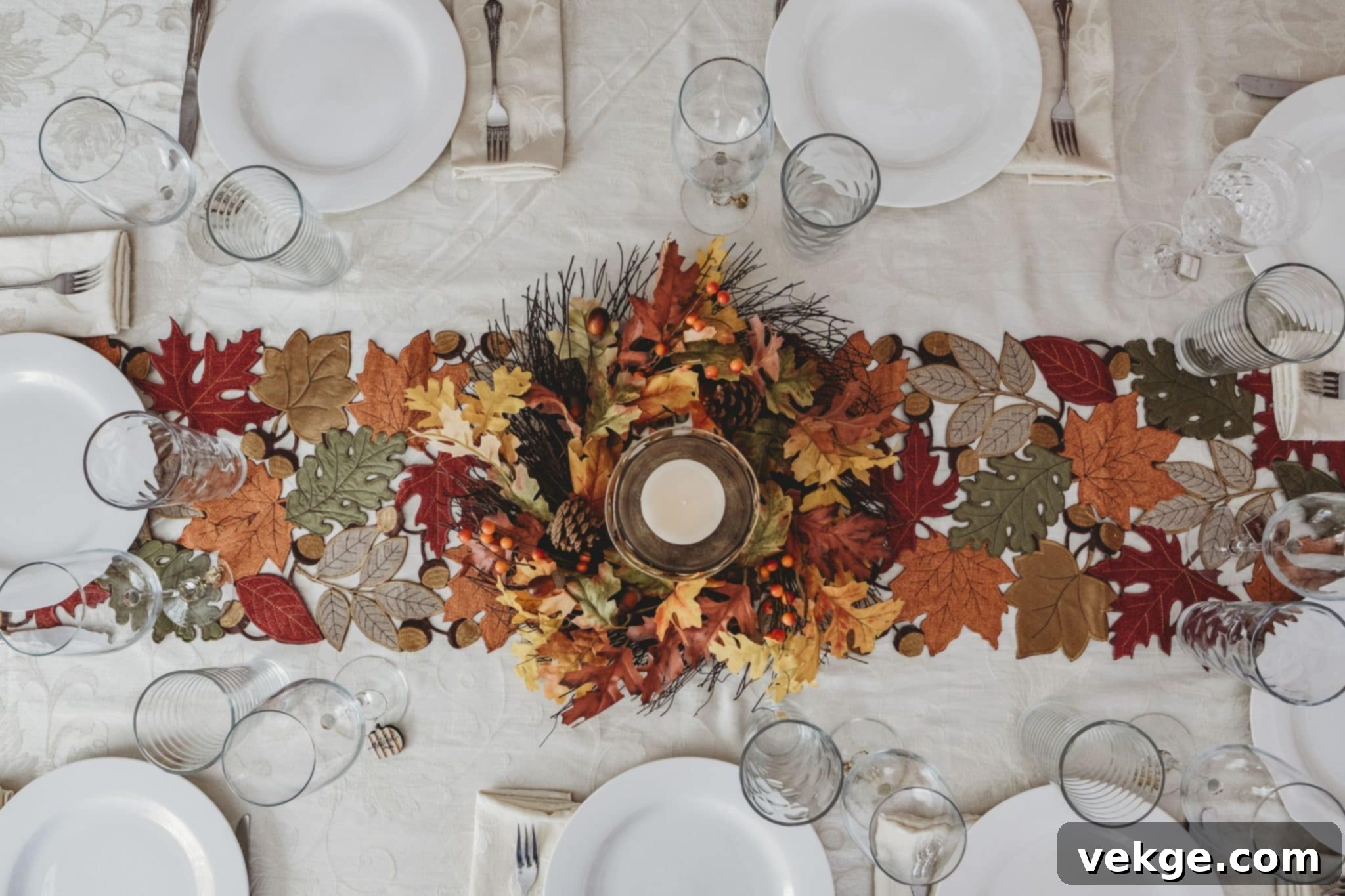 Dining table festively decorated for autumn holidays with leaf placemats