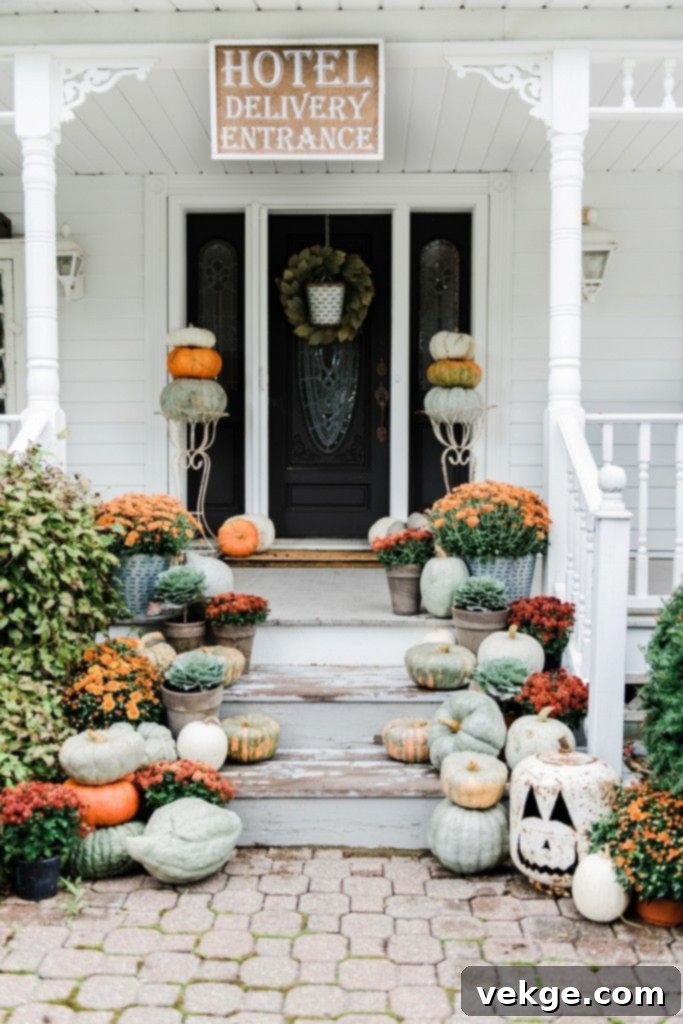 Farmhouse Entrance Fall decor with pumpkins and lanterns