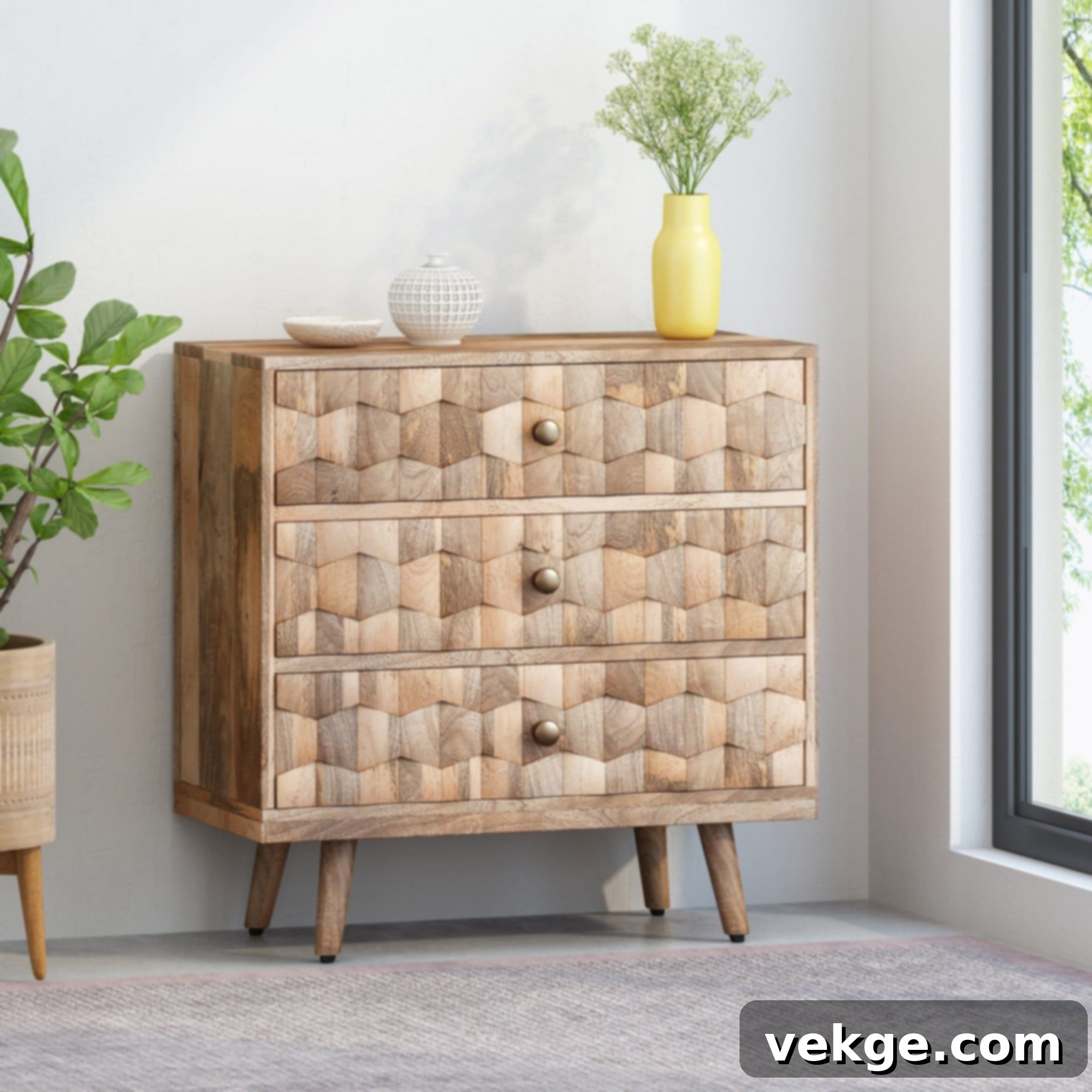 Poppy Mid-Century Modern 3 Drawer Chest with 3D weave patterns