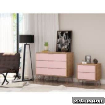 Rockefeller Dresser and Nightstand Set in Nature and Rose Pink