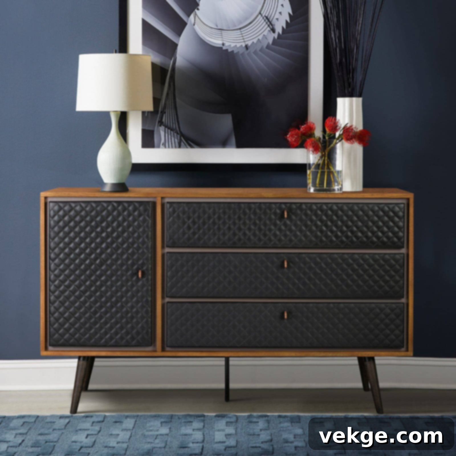 Lindel Coco Oak Wood and Leather Dresser with diamond stitching