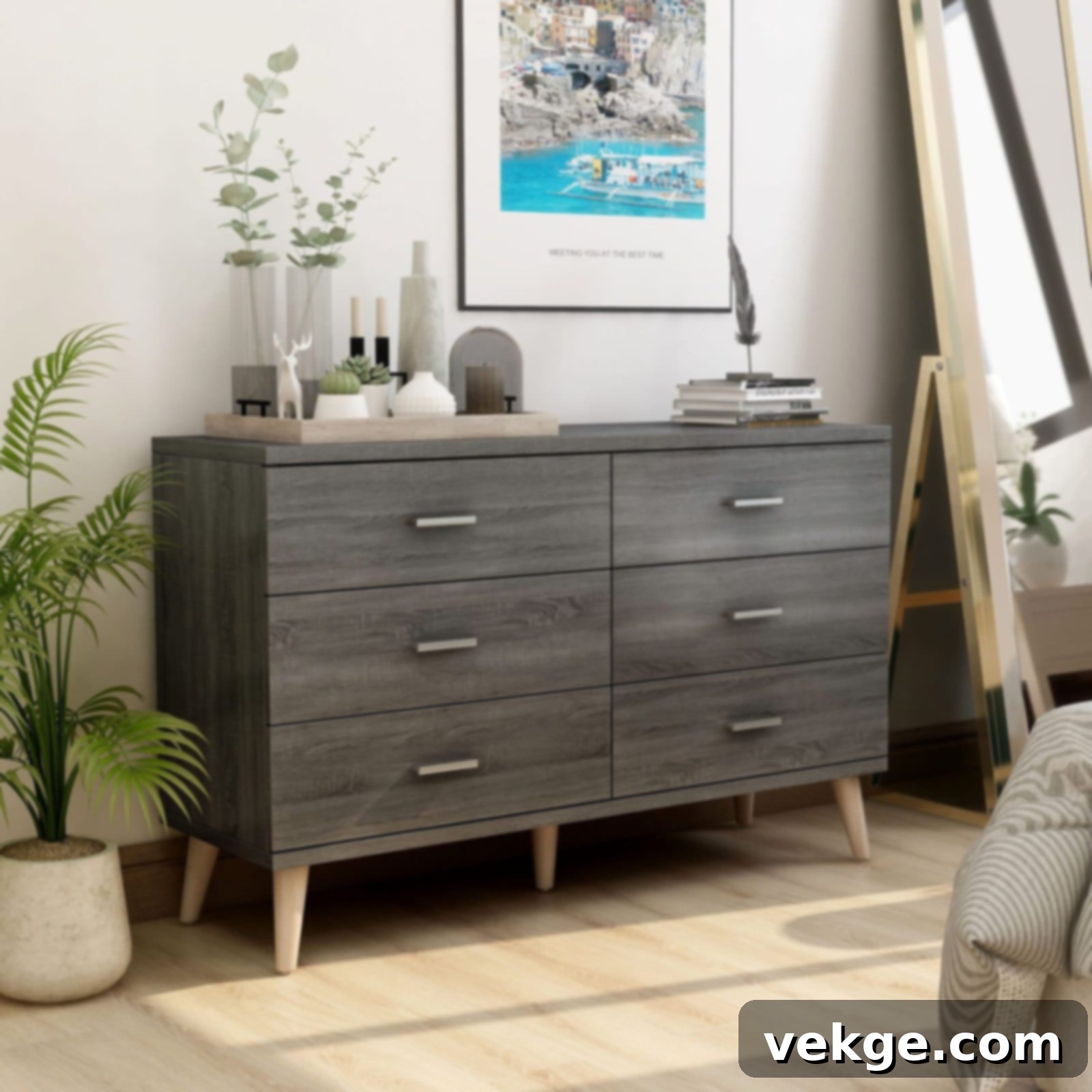 Gjovik Mid-Century 6-drawer Dresser with distressed grey finish
