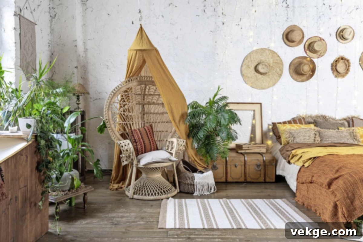 Elegant And Quiet Bohemian Room With Cozy Interior Wicker Chair 