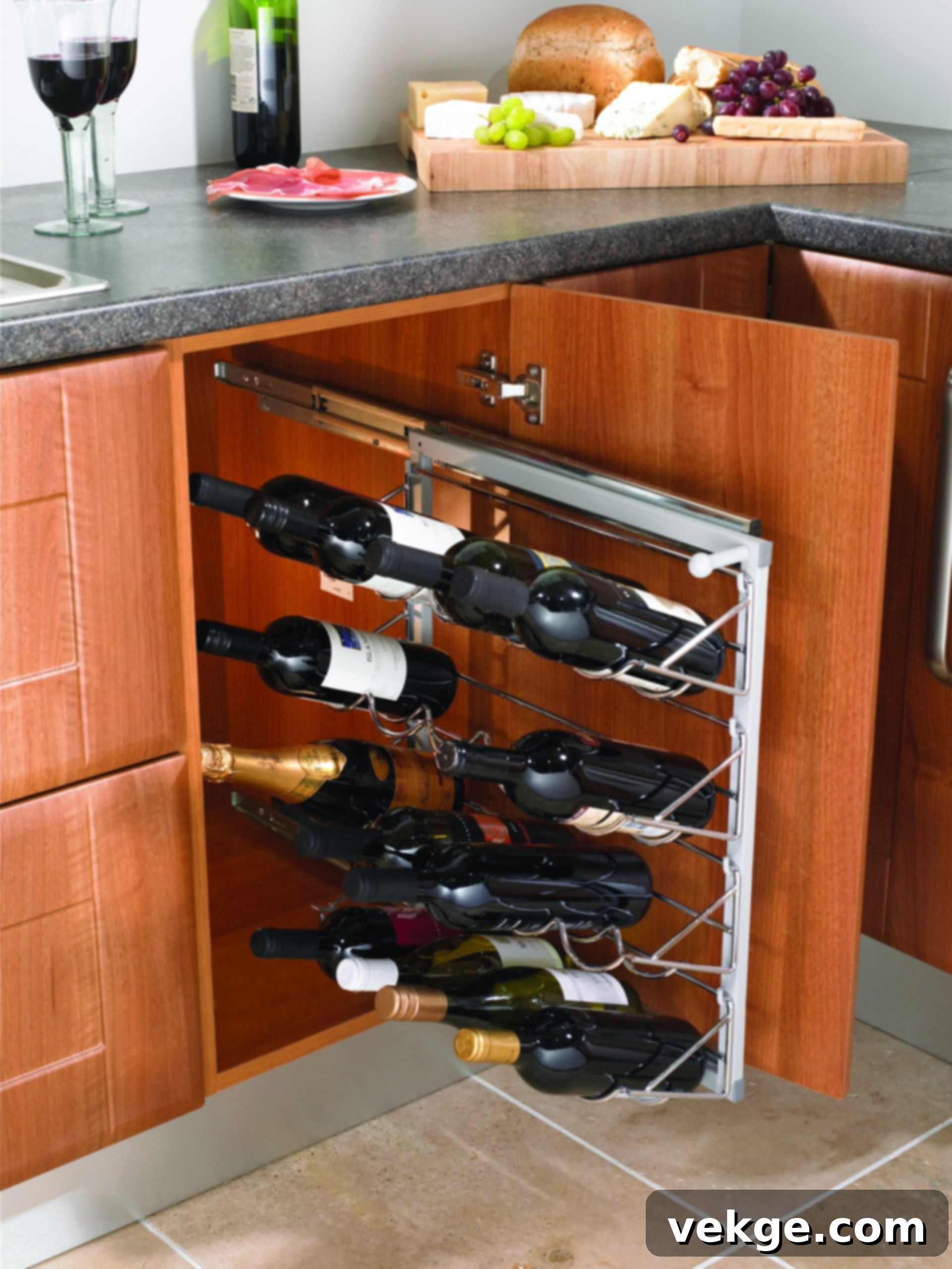 A stylish Parisian kitchen with integrated wine racks, open glass shelving, and hanging copper pots, all framed by elegant bistro chairs.