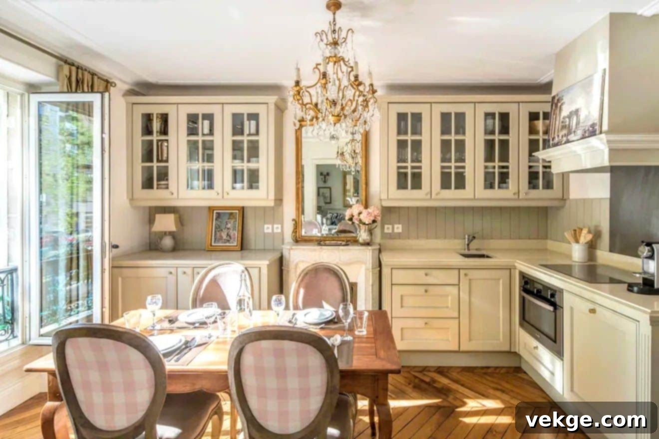 A classic French-style kitchen with ornately designed wooden chairs and a rustic dining table.