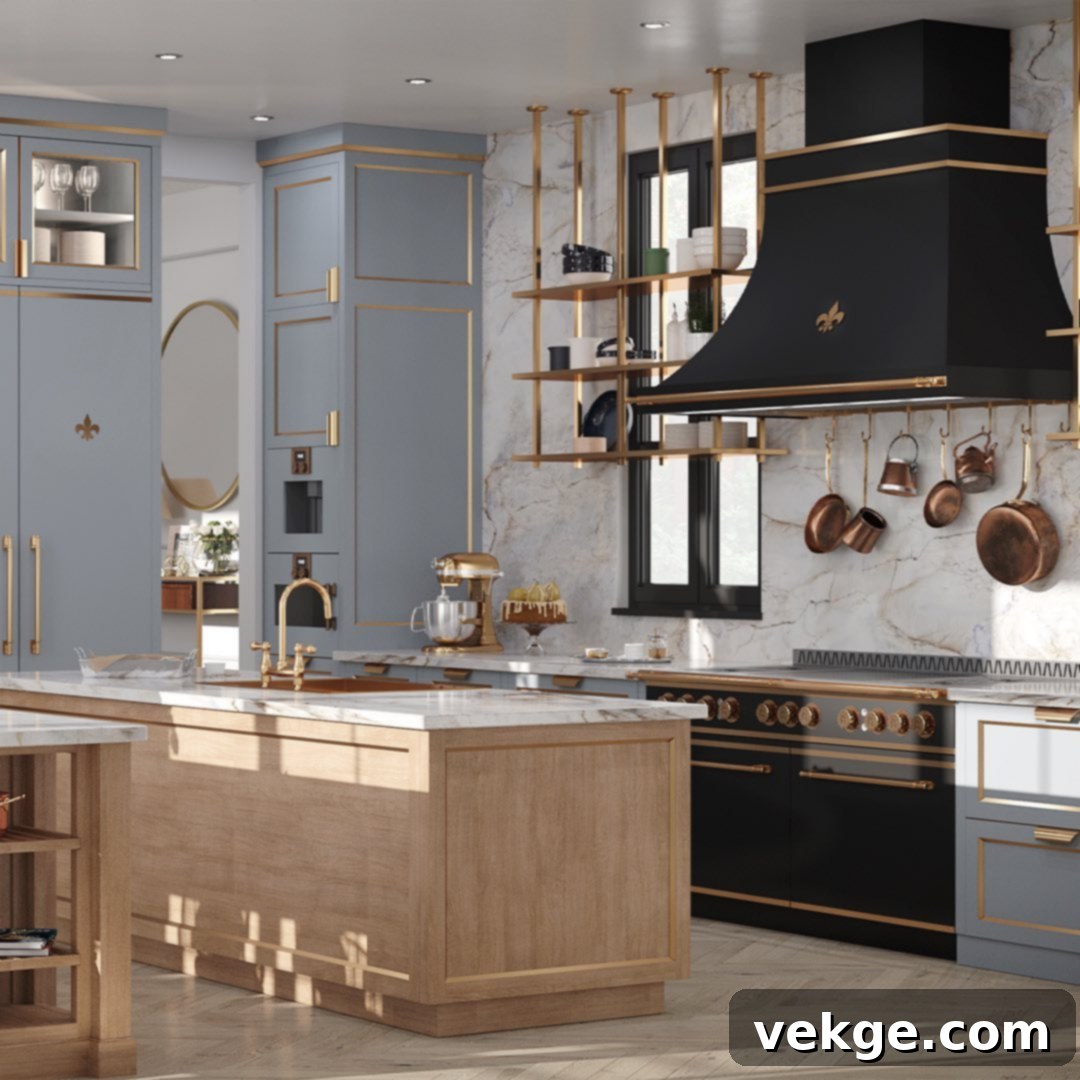 A grand wooden kitchen island with a white marble top in a spacious Parisian kitchen, featuring traditional cabinetry.
