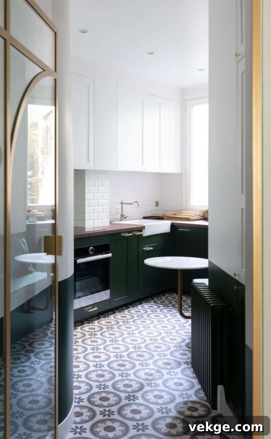 A compact yet highly organized Parisian kitchen, featuring open shelving, light colors, and efficient storage solutions.