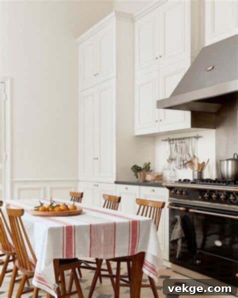 A small, elegant dining table with chairs serving as a central island in a cozy Parisian kitchen.