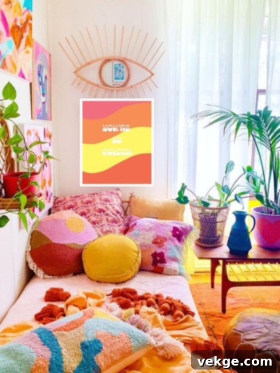 Vibrant Colors in a Boho Living Space with gold and red accents