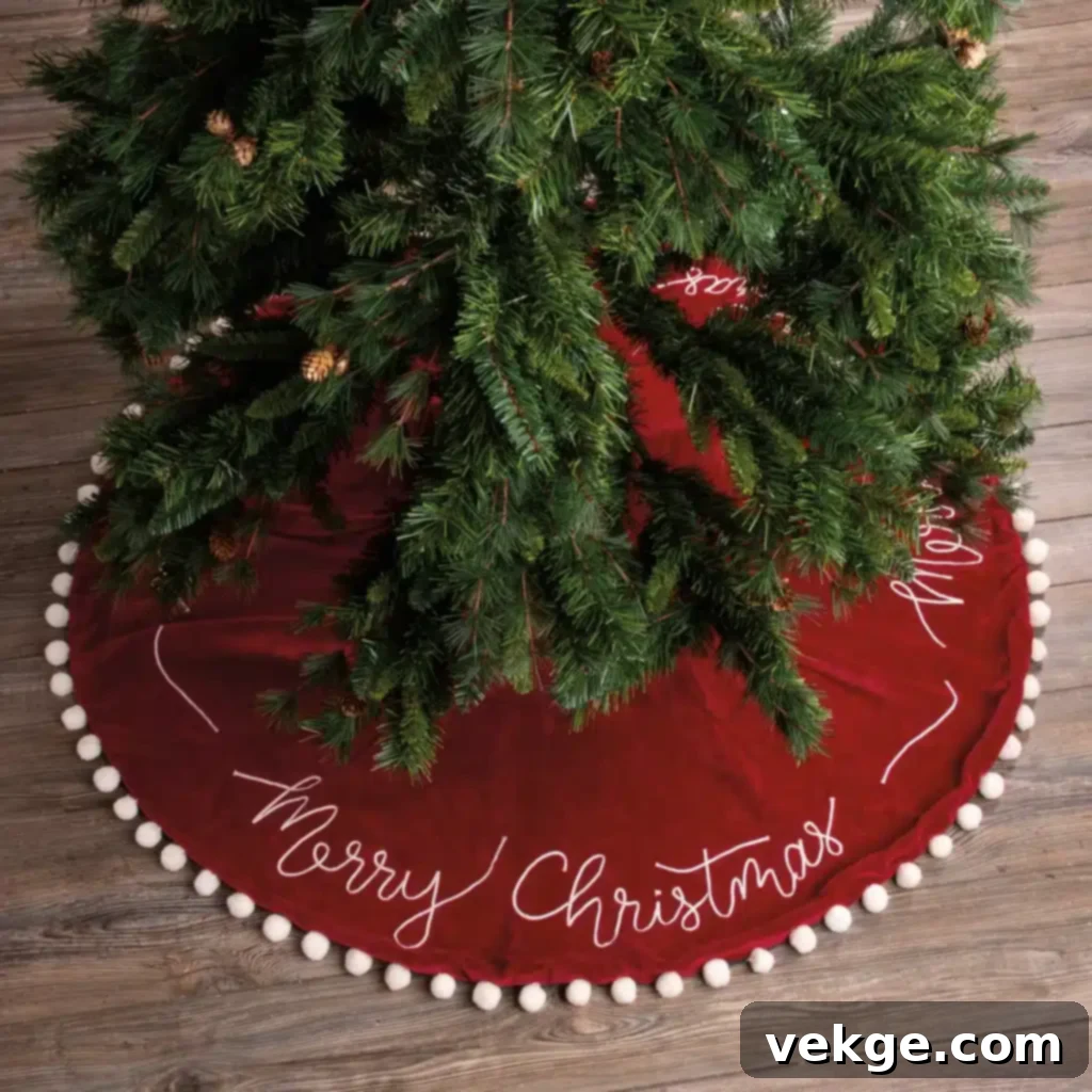 velvet merry chrsitmas tree skirt with pom poms