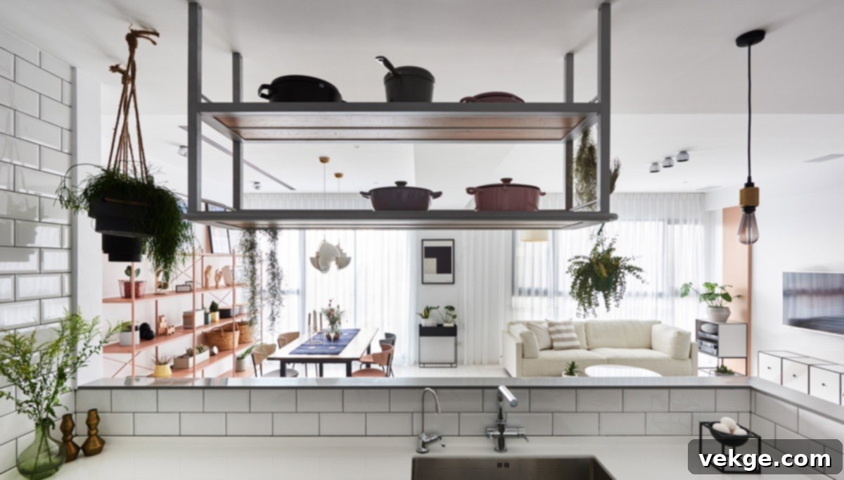 Scandinavian kitchen hanging shelves draped potted plants | Interior Design Ideas