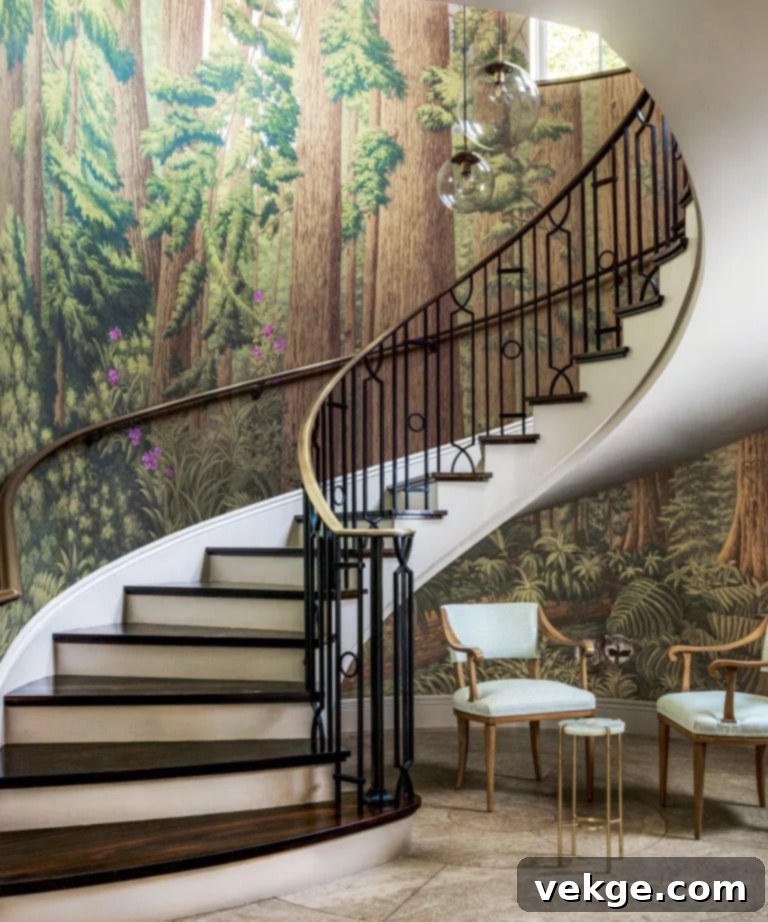 Nature-Inspired Panoramic Mural in Mid-Century Modern Entryway
