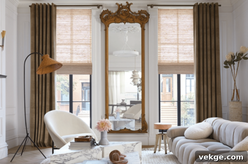 Long velvet, linen, or cotton drapes are typically found in Parisian living rooms