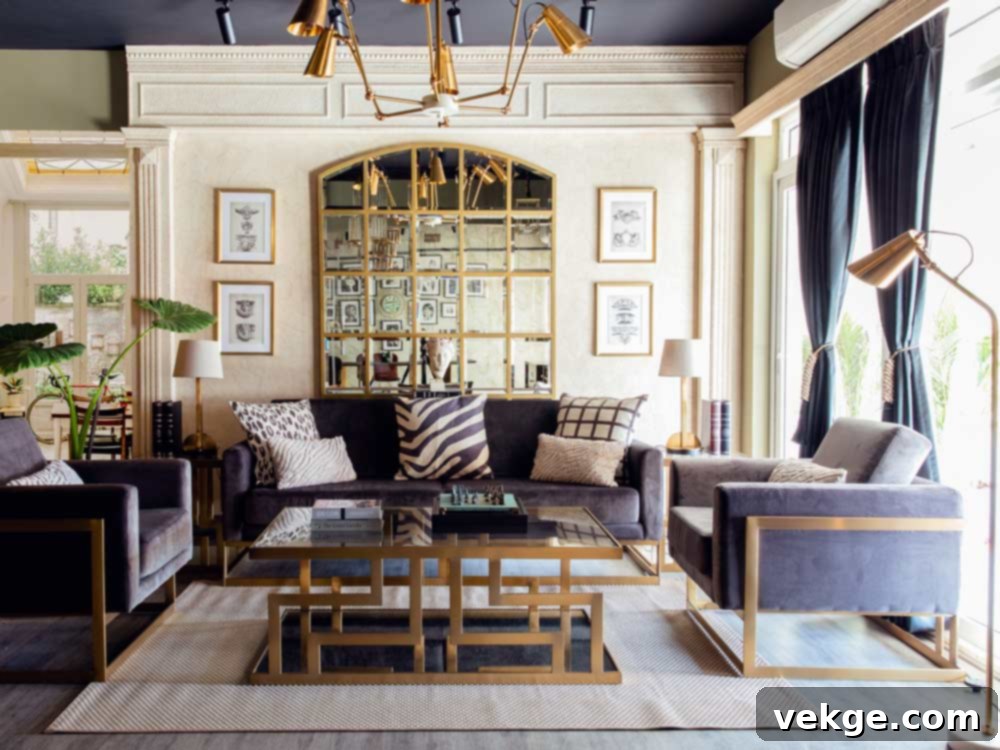 Elegant drawing room interiors with brass décor elements 