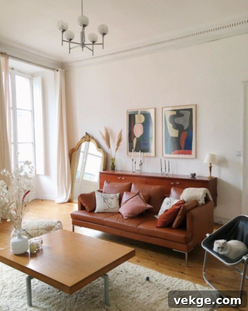 Parisian living room with leather sofa