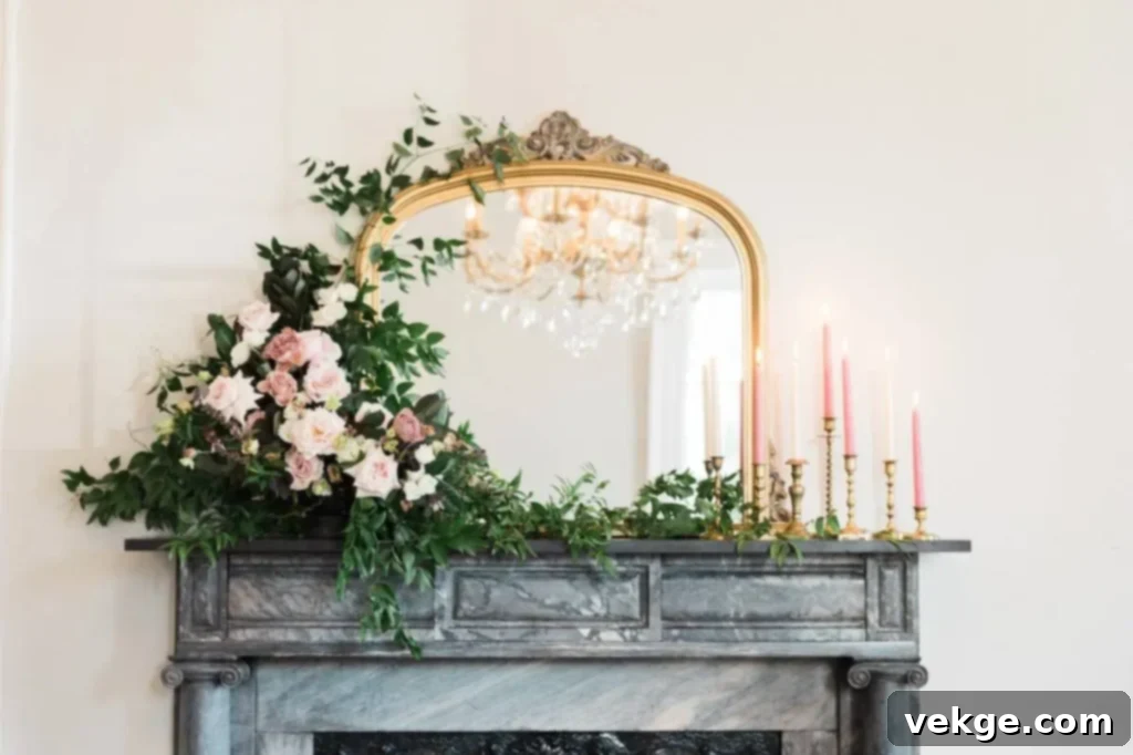 French country mantel with a huge mirror and dried flowers