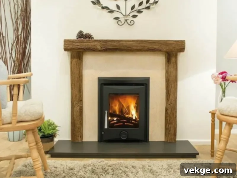 Rustic wooden beam as part of a French country fireplace mantel