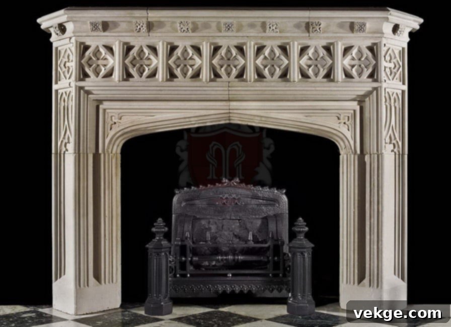 Intricately carved design on a French country fireplace mantel
