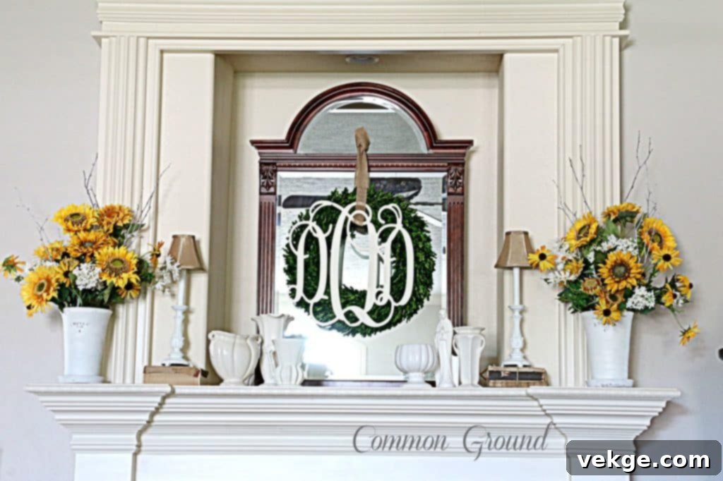 Vase of fresh flowers on a French country fireplace mantel