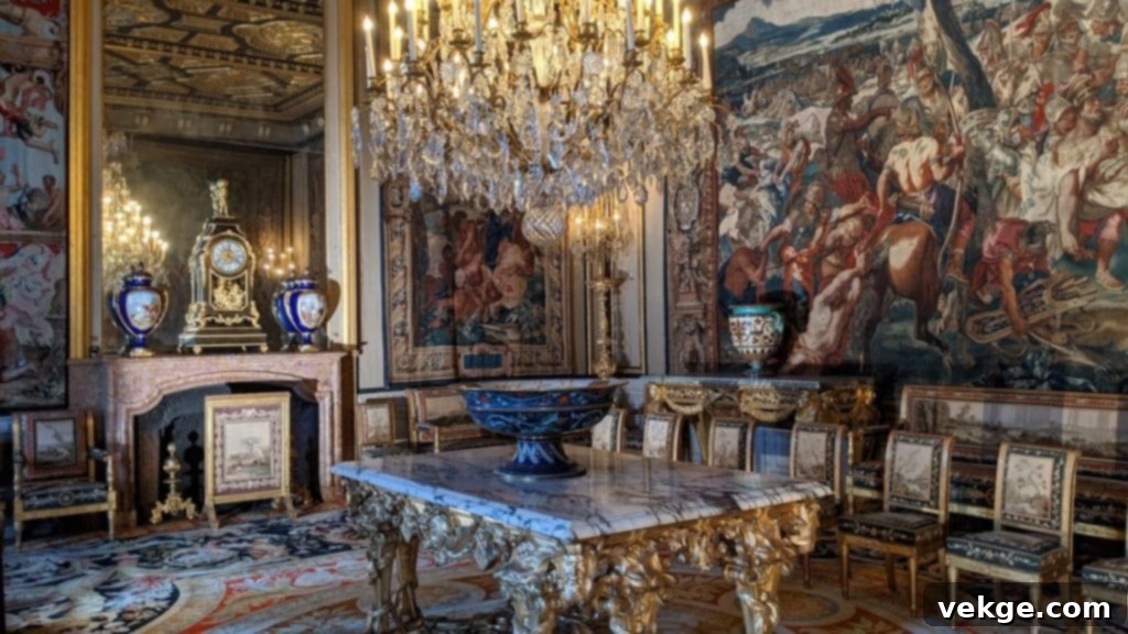 A large French tapestry over the mantel