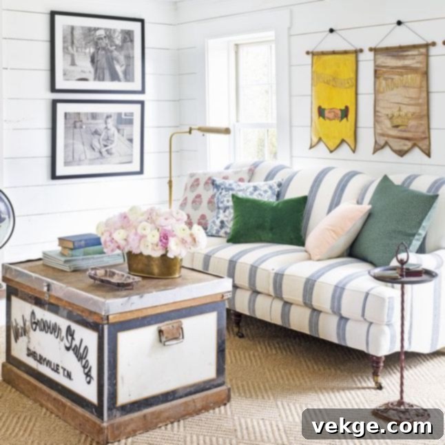 Shiplap Walls with Striped Sofa
