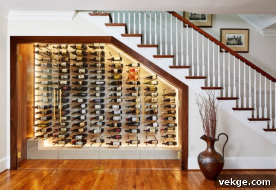 Elegant wine cellar with wooden racks under the stairs