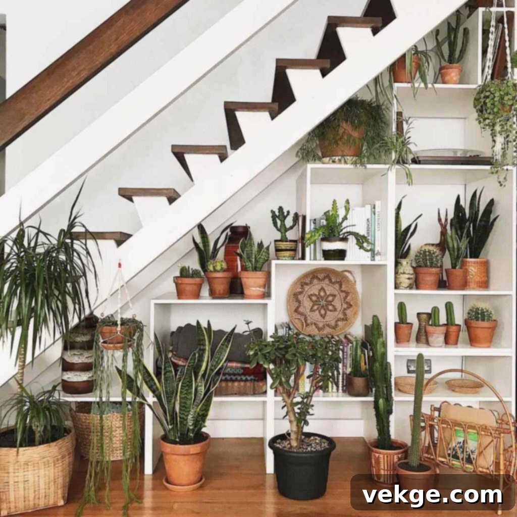 Lush plant area with tiered shelves for plants under the stairs