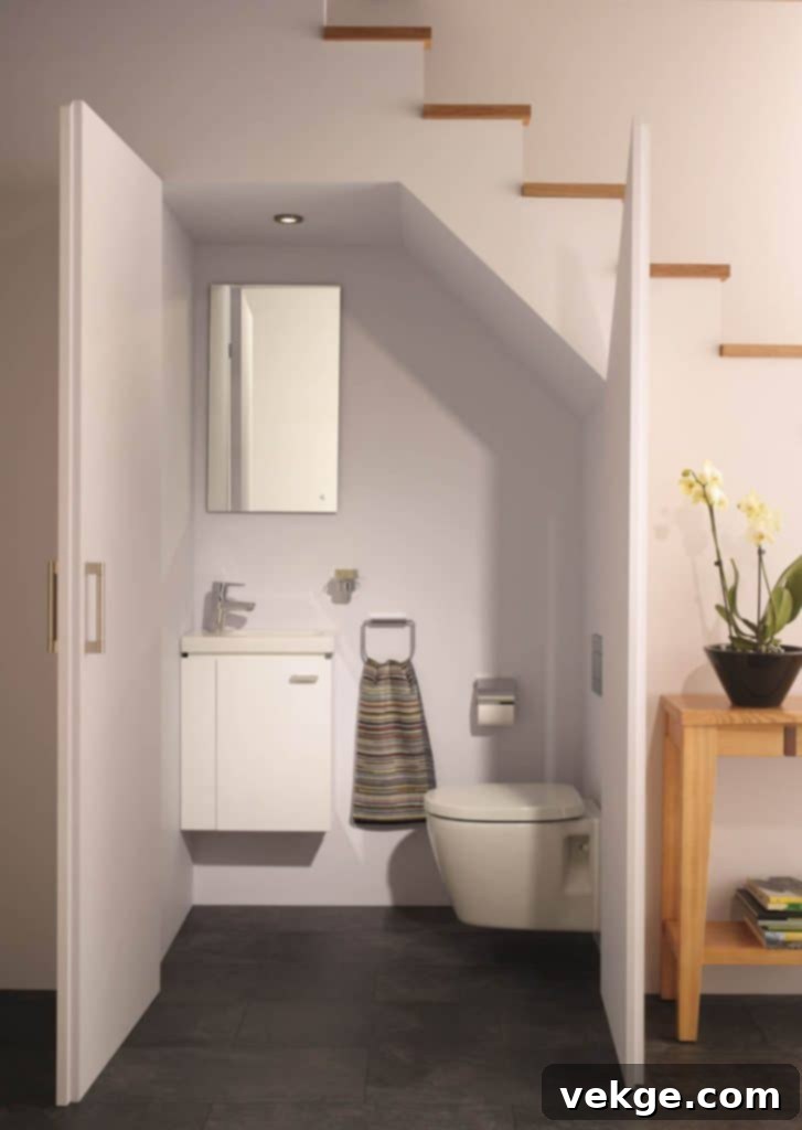 Compact and stylish powder room under the stairs