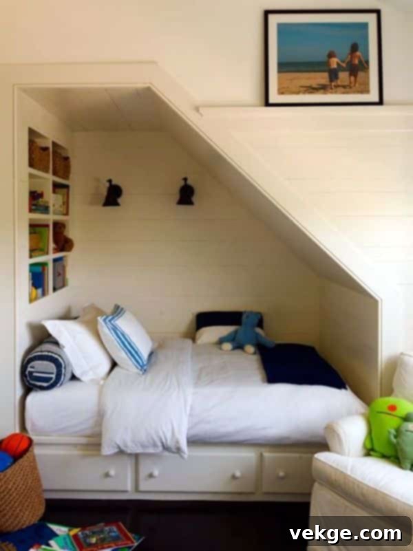 Small guest room with a bed and curtain under the stairs