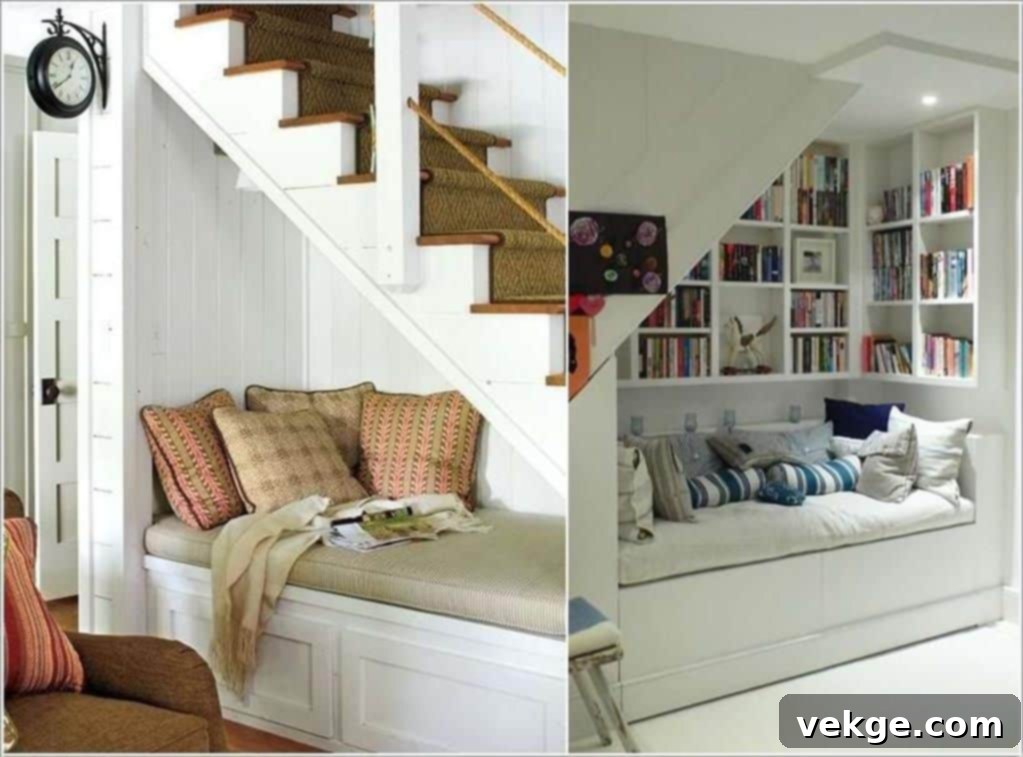 Cozy reading nook with a comfortable chair under the stairs