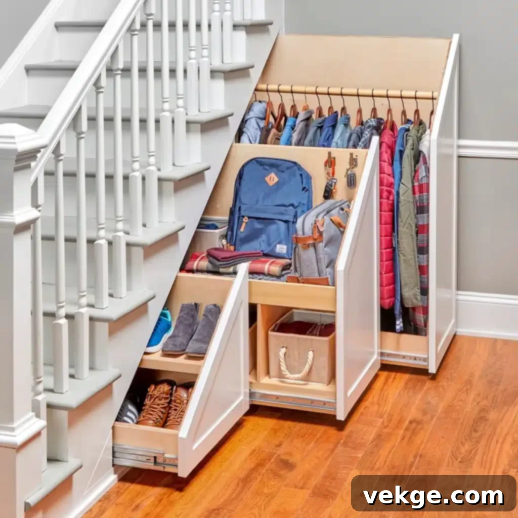 Customized extra storage solutions under the stairs with shelves and bins
