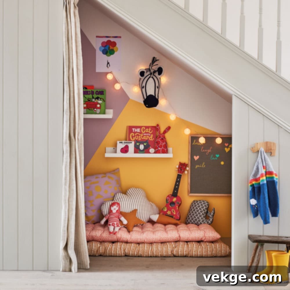 Creative play area for children under the stairs with chalkboard and playhouse