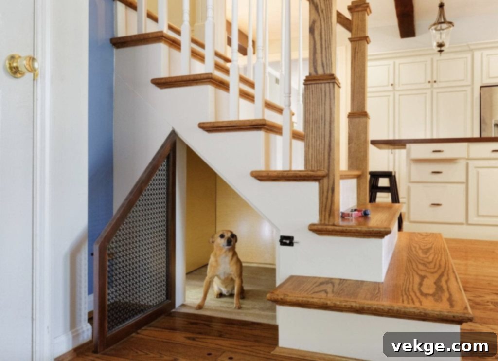 Comfortable pet area with dog bed and food station under the stairs