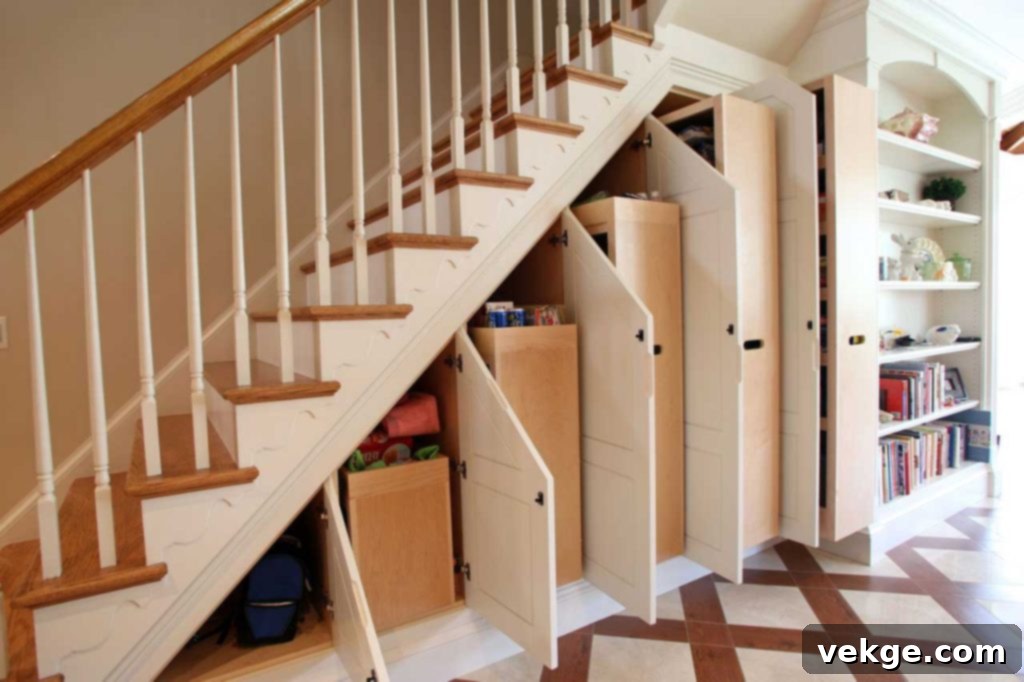 Organized pantry with custom shelves under the stairs