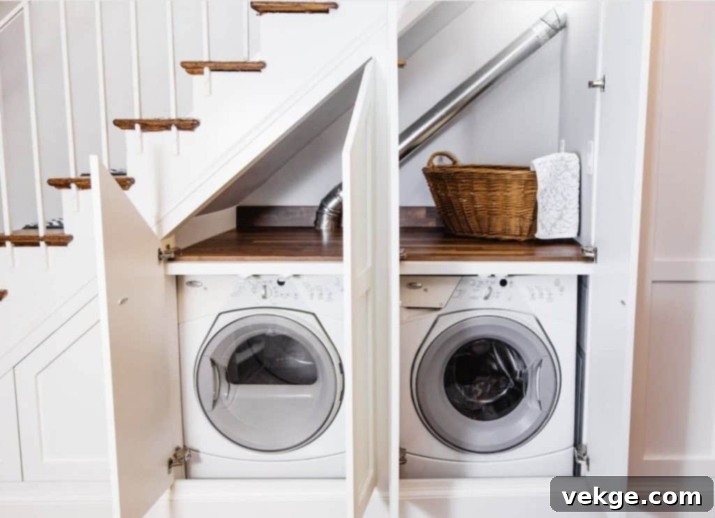 Efficient laundry room setup under the stairs with stacked washer and dryer