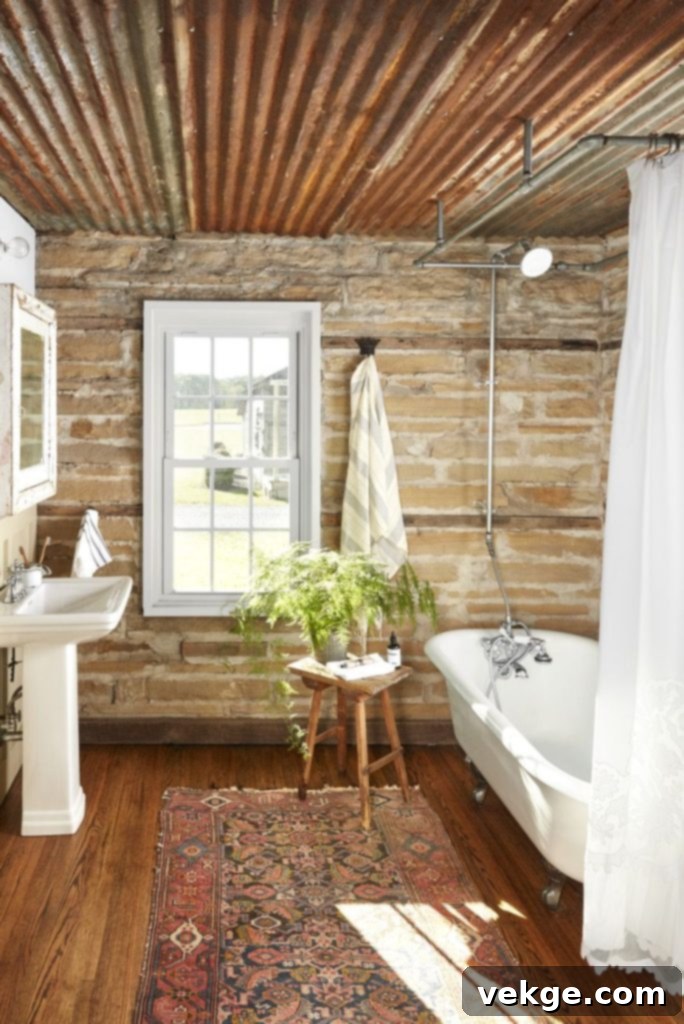 rustic bathroom corrugated ceiling 