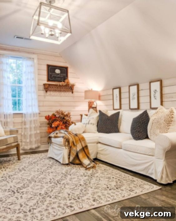 shiplap living room with beige couch pillow
