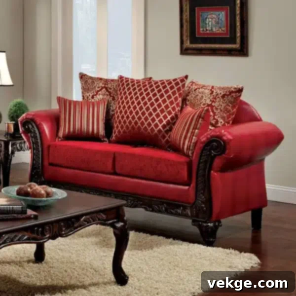 Vintage Red Leatherette Sofa - Traditional American Marcus Style