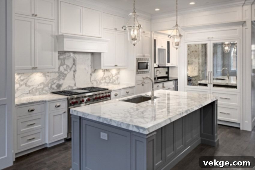 White Marble with Grey Veining Kitchen