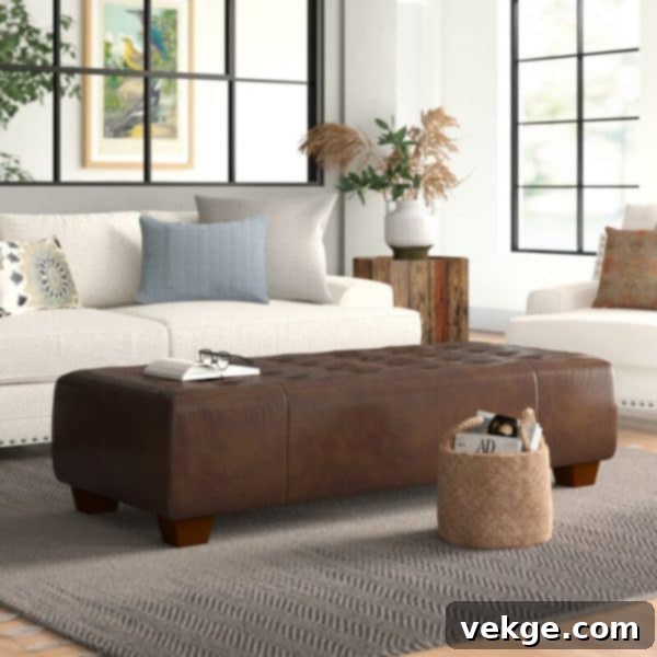 BrownLeather Tufted Ottoman Rectangular Shape Large and Long