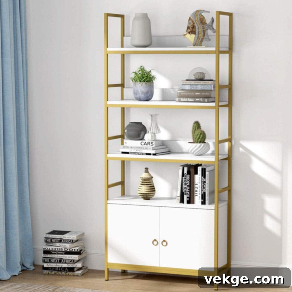 Glamorous home office featuring a gold-finished bookcase