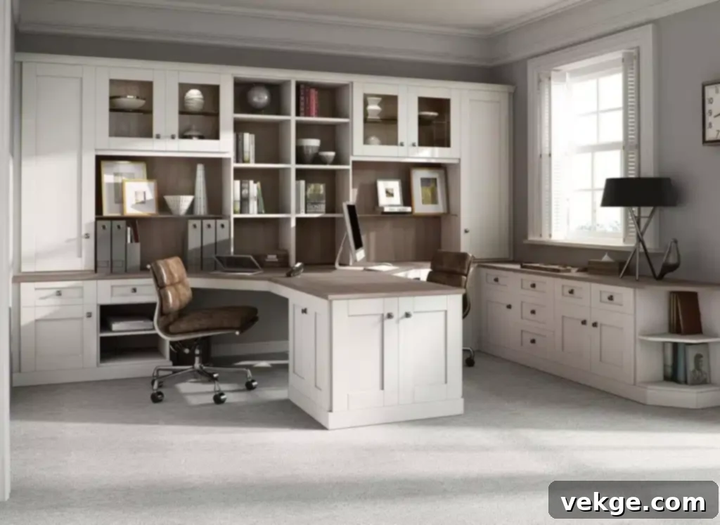 Home office with streamlined finishes, coordinating gold accents