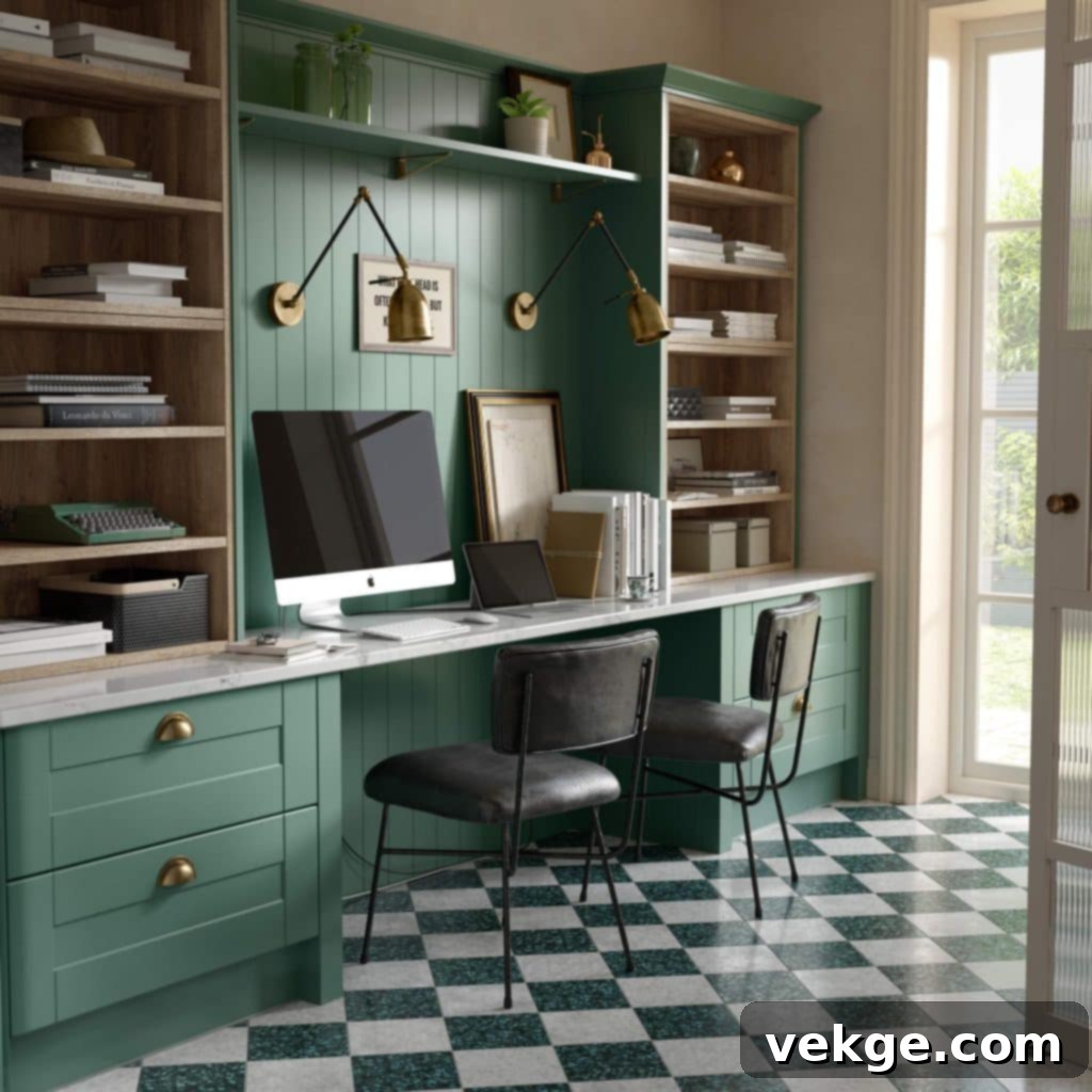 Home office incorporating brand colors in its decor scheme