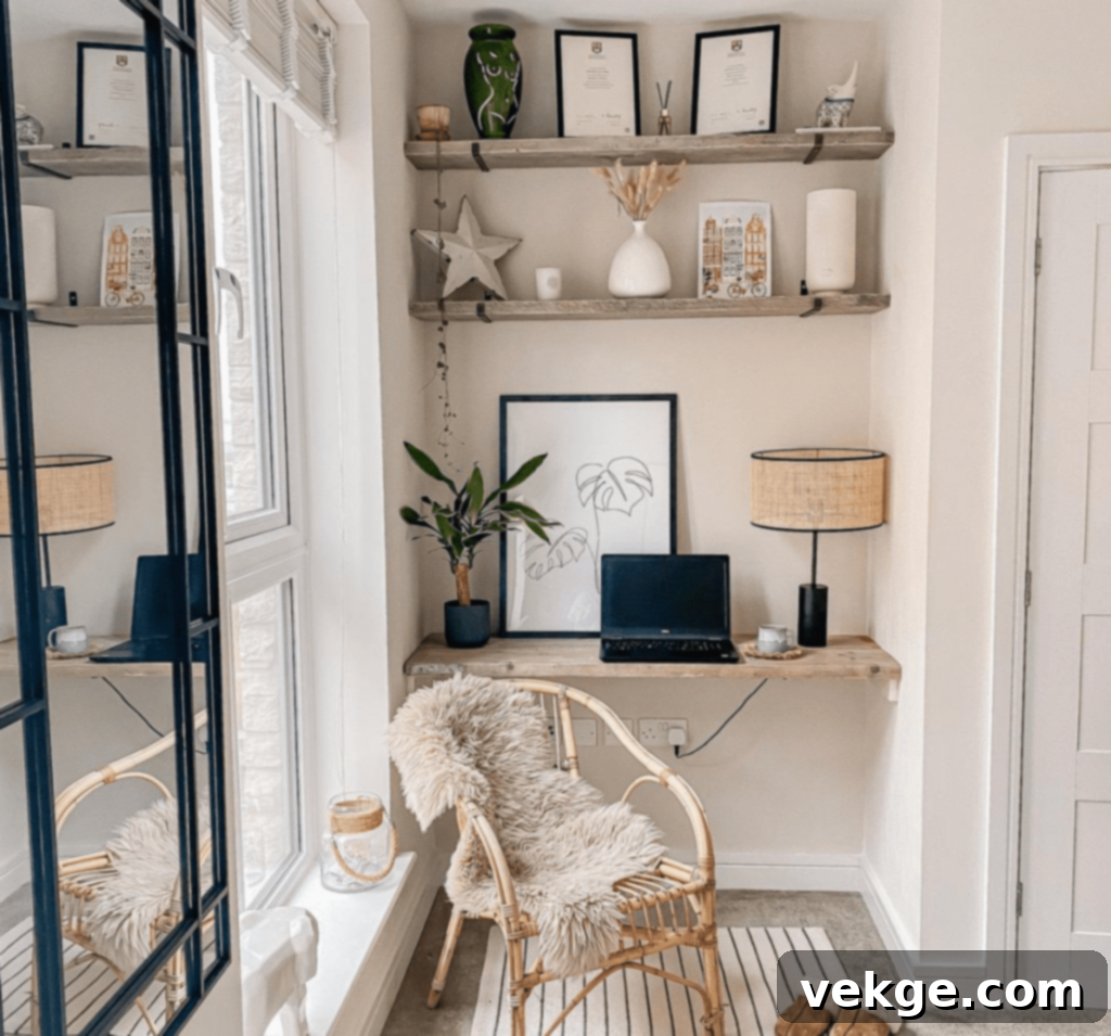 Home office desk adorned with fresh-cut flowers in a vase