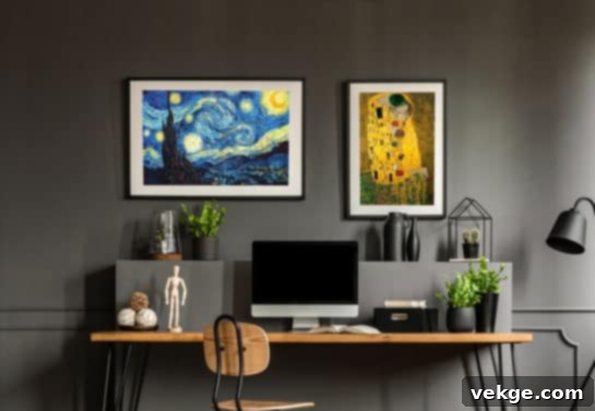 Home office with framed artwork displayed on the wall