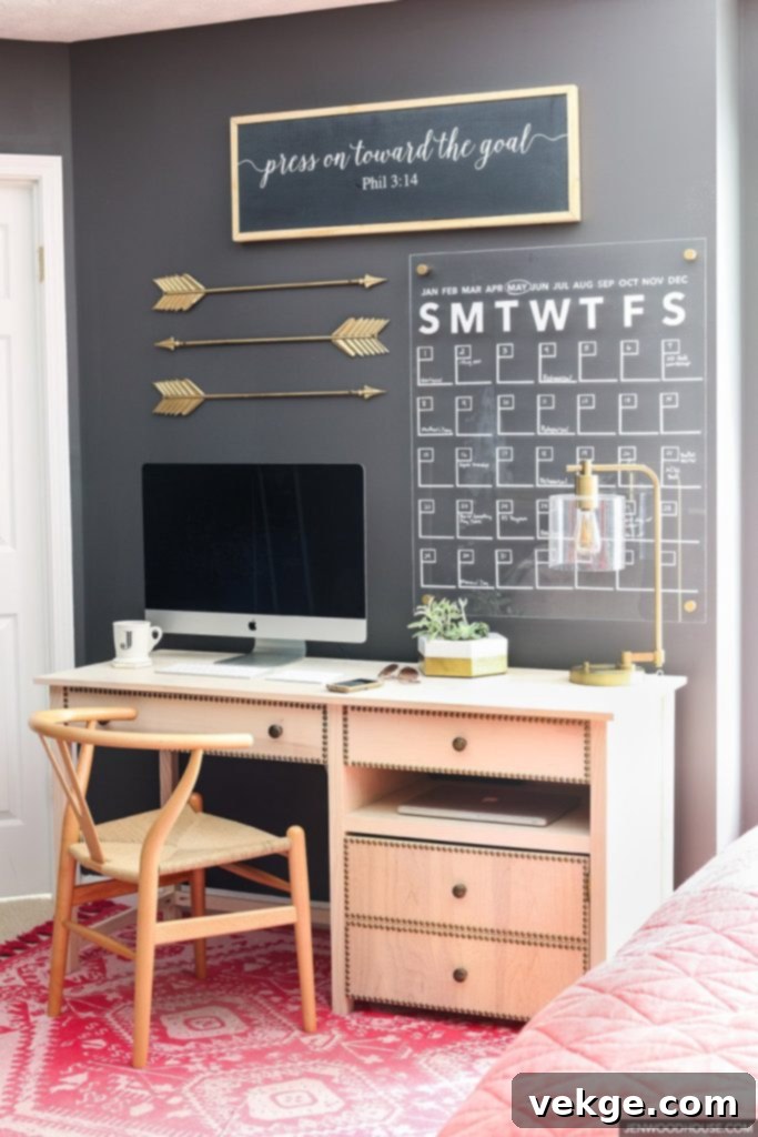 Modern home office with a clear acrylic wall calendar