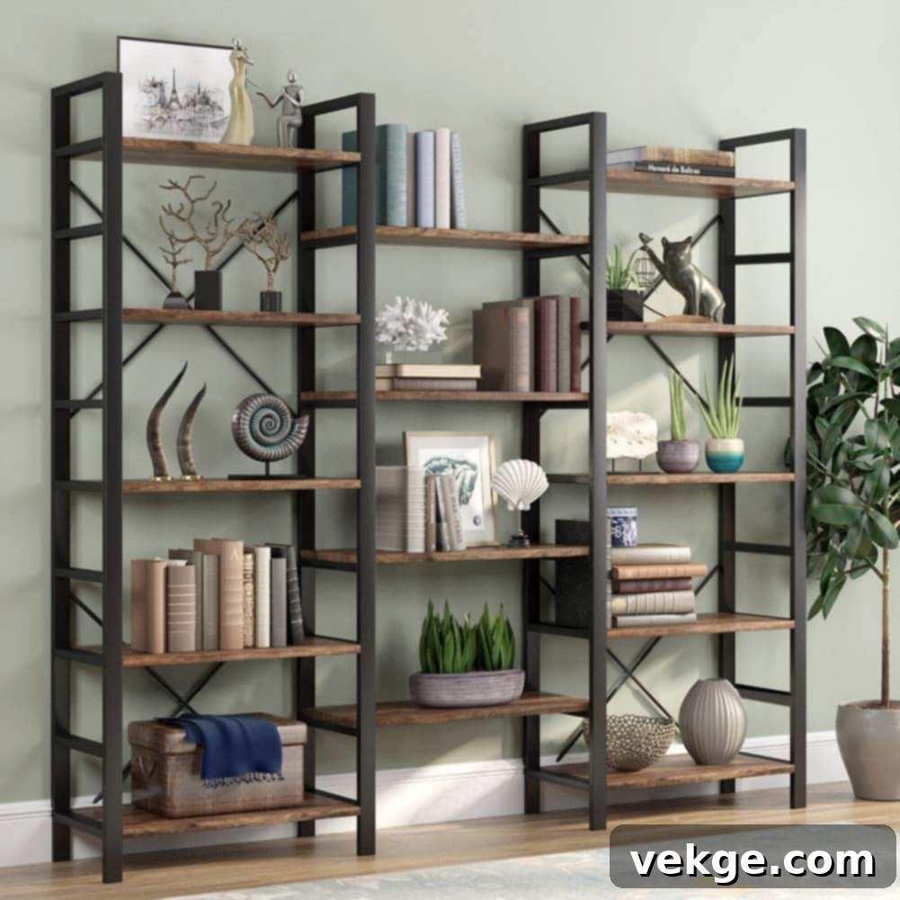 Home office with an industrial style distressed metal bookcase